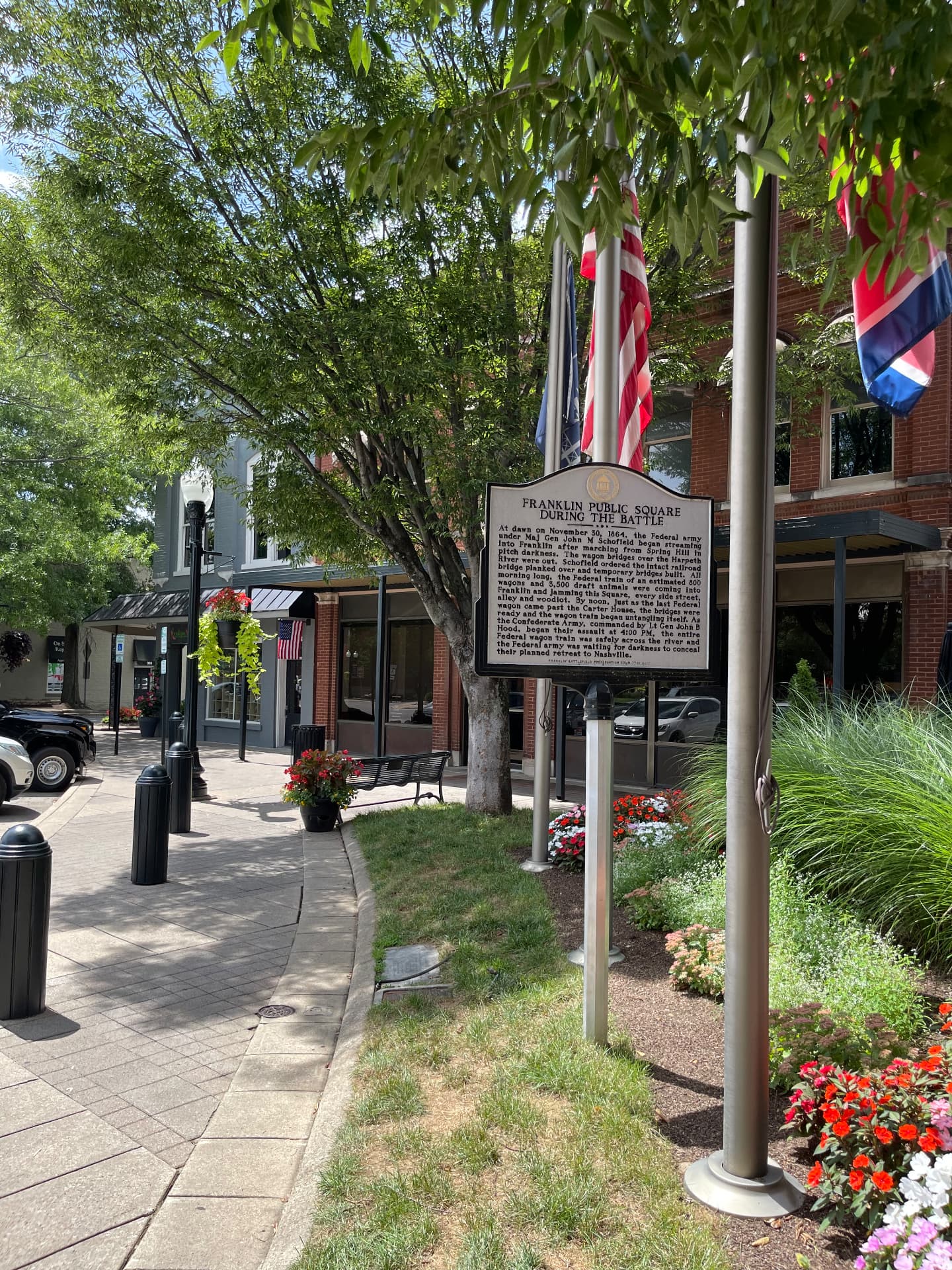 A historic marker in the Franklin, Tennessee town square