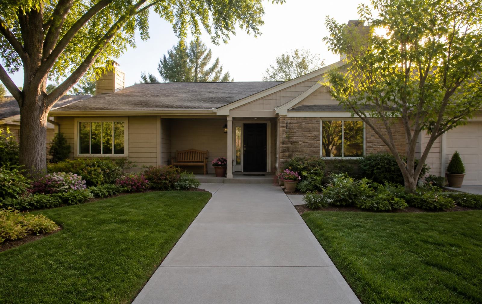 Welcoming single-level home with a step-free entry, wide walkway, and covered front porch