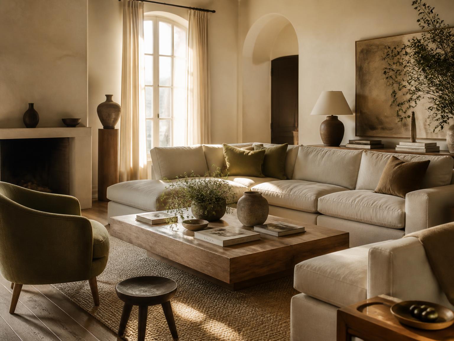 A warm, refined living room with layered natural light