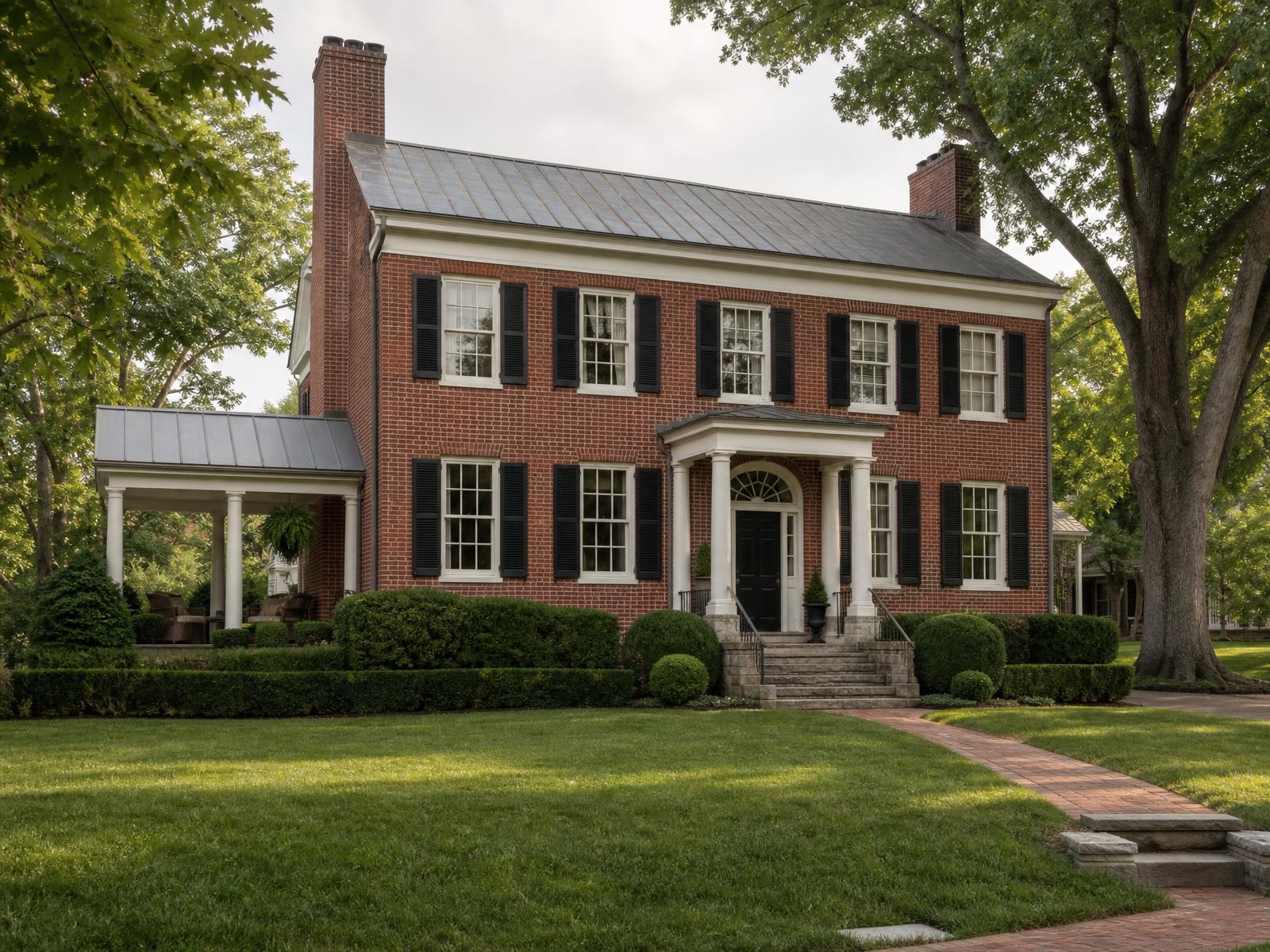 A two-story red-brick Federal-style residence with black shutters and boxwood hedges in Franklin, Tennessee