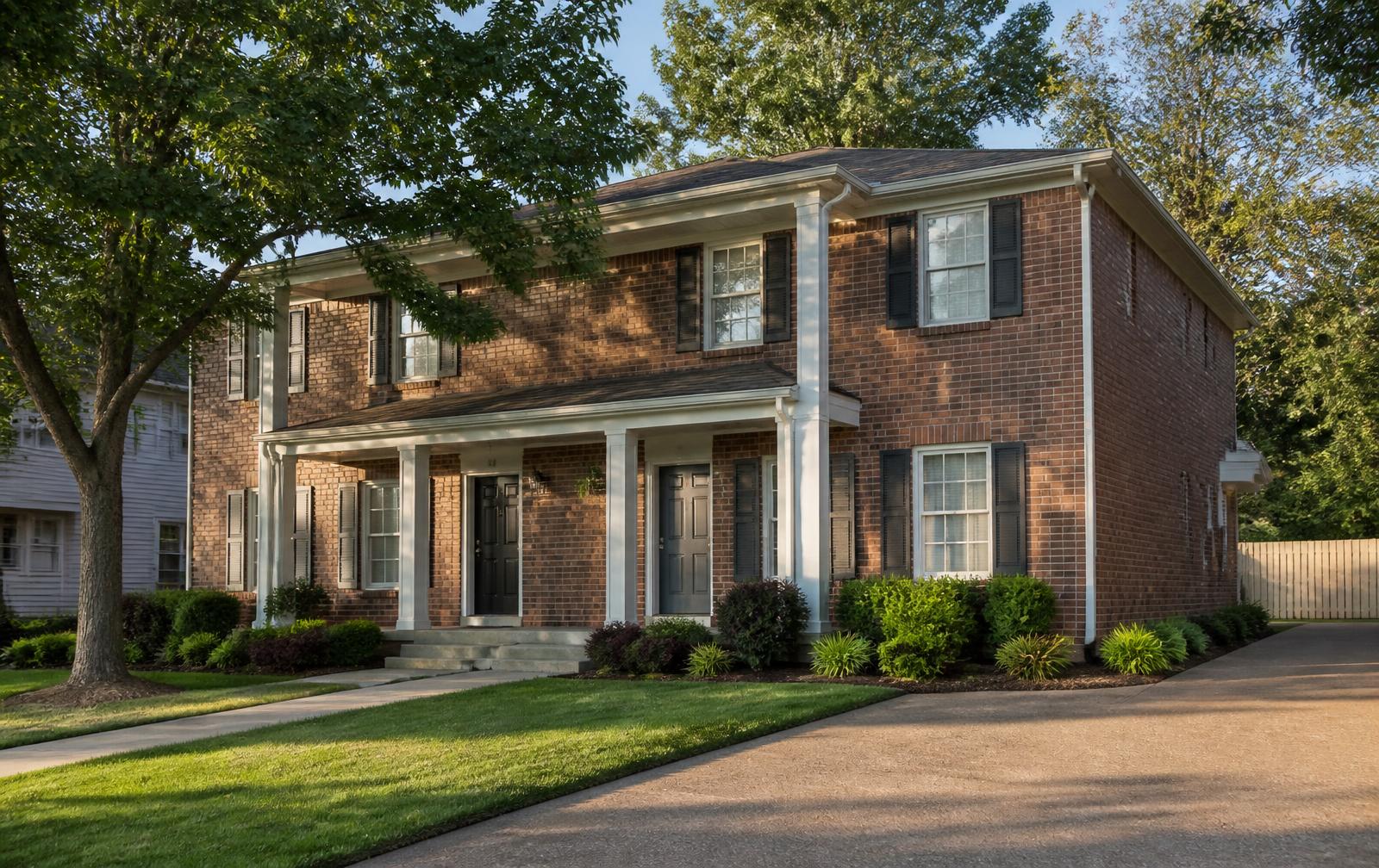 Well-maintained brick residential rental duplex with tidy landscaping in Middle Tennessee