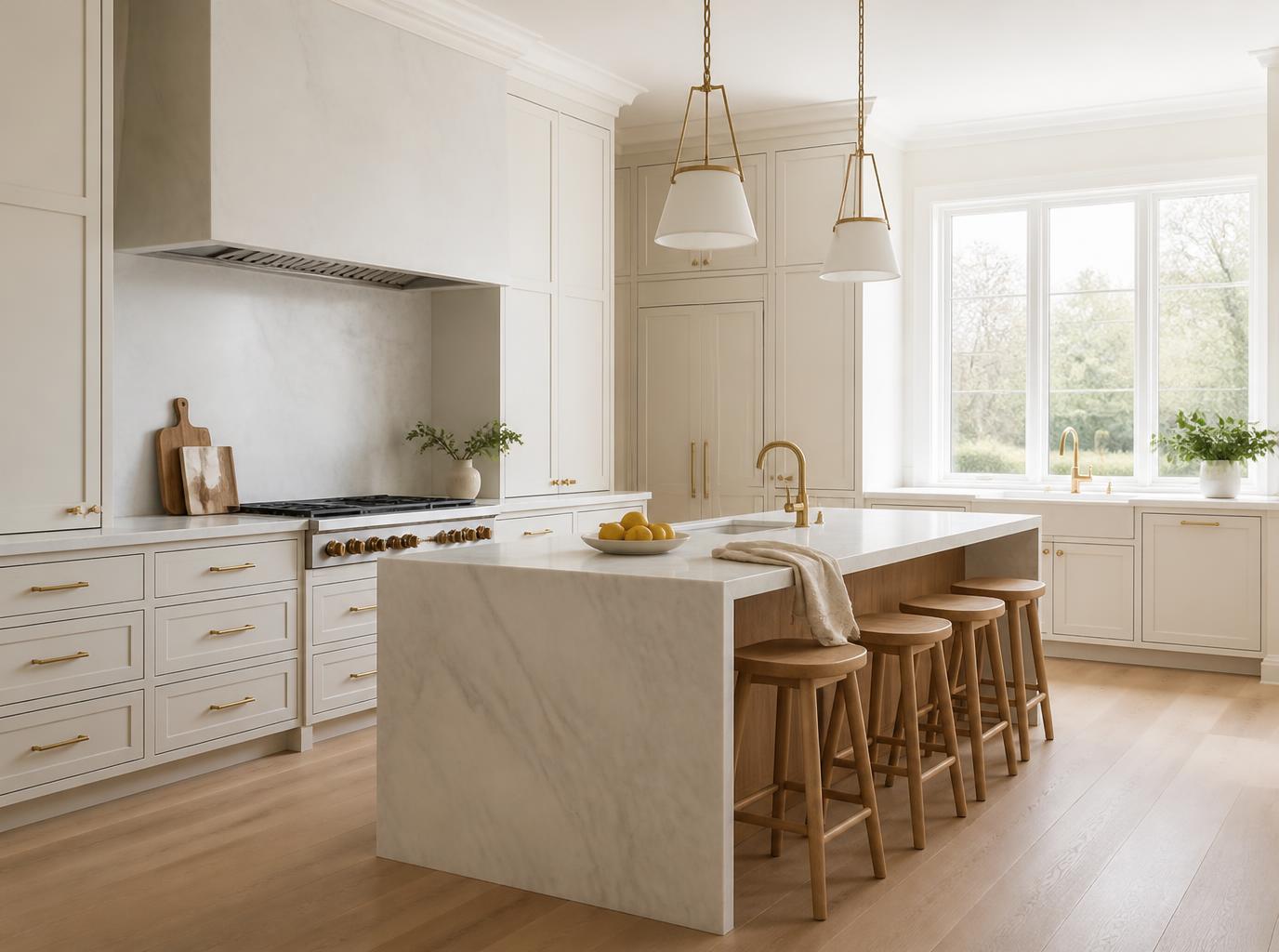 A bright, newly built kitchen with marble counters, white oak floors, and brass fixtures