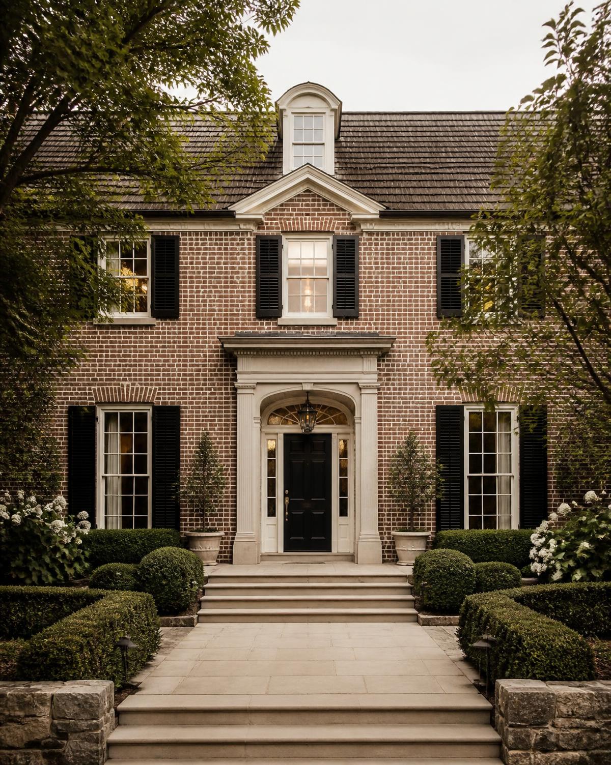 A symmetrical brick residence with clipped hedges and limestone steps