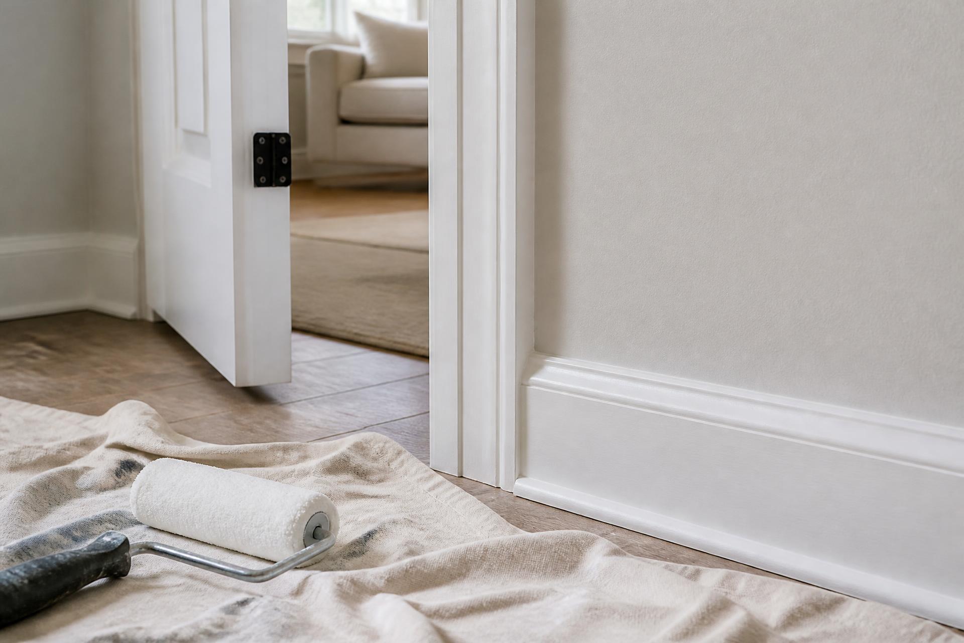 Freshly painted white door trim and baseboard with a paint roller on a drop cloth
