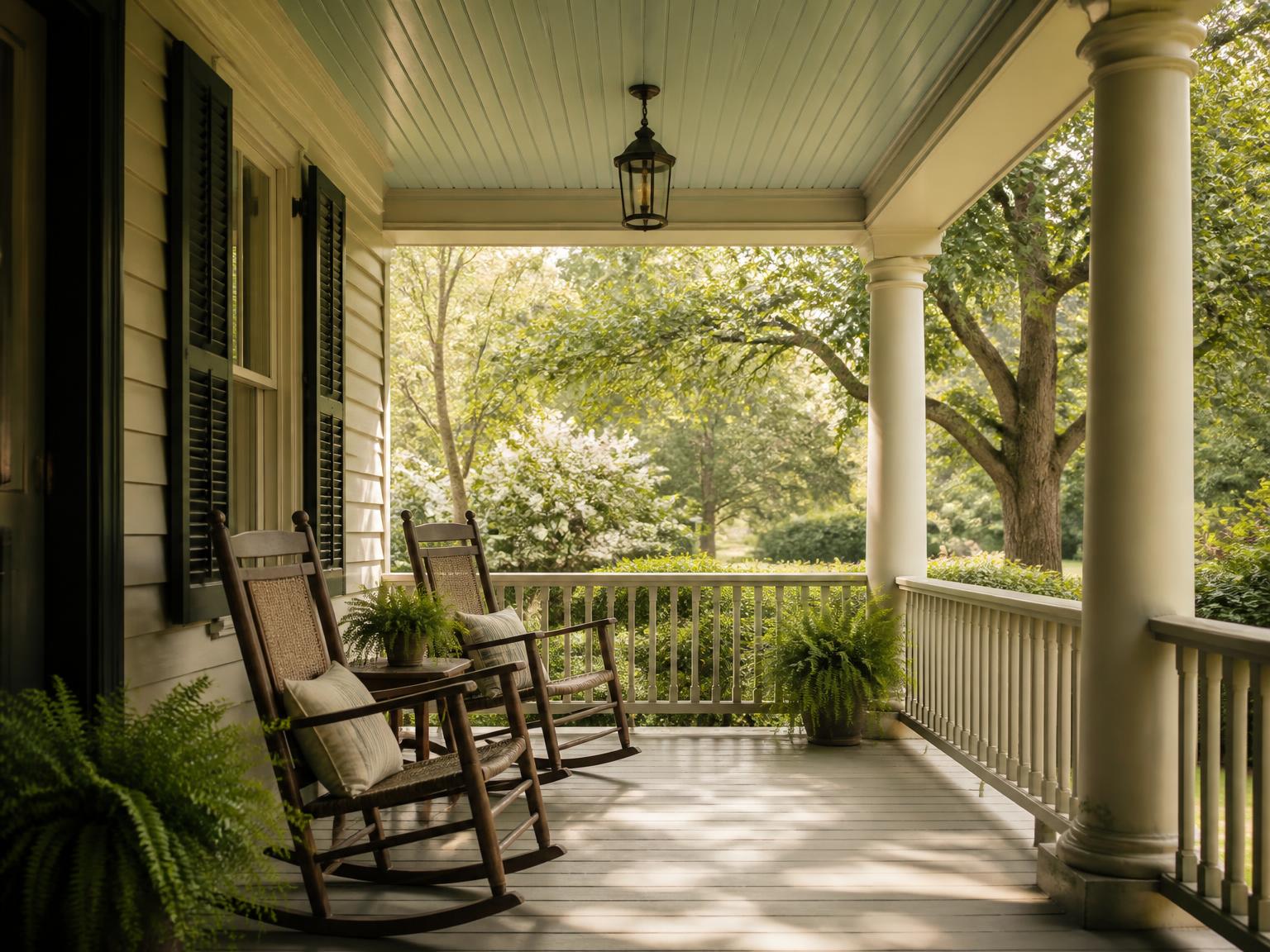 A sunlit porch with rocking chairs looking onto a green garden